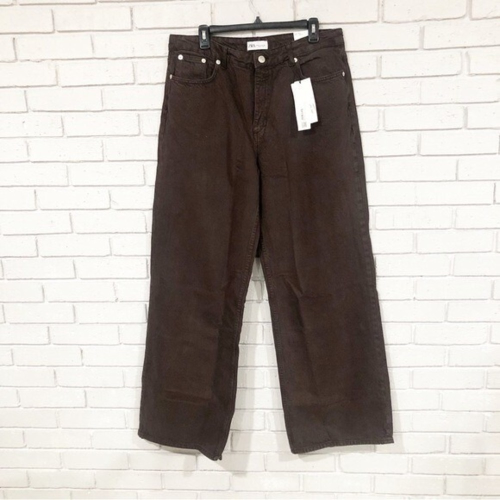 Zara Womens Relaxed Wide Leg Jeans Brown Mid Rise Full Length Size 14 NEW